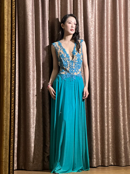 Lake blue V-neck sexy straight skirt ball gown R8060