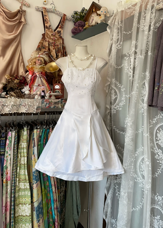White halter-neck A-line mini dress, ball gown R6337