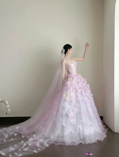 Light purple strapless, waist-cinched, full-skirted long prom dress R7963