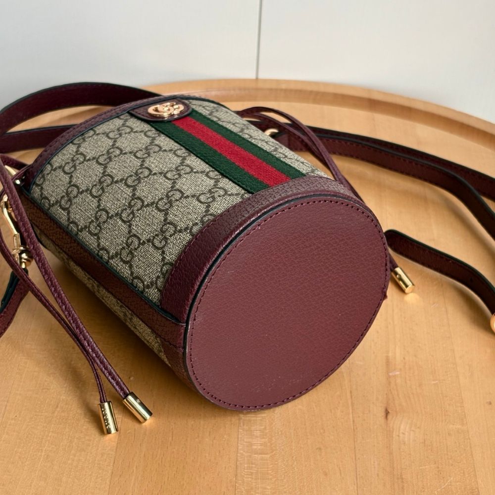 Gucci Ophidia Mini Bucket Bag Beige And Dark Red 20Cm