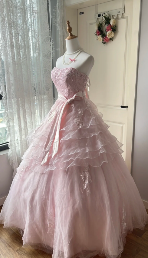 Princess Pink Strapless Tulle Ball Gown Evening Dress cc5302