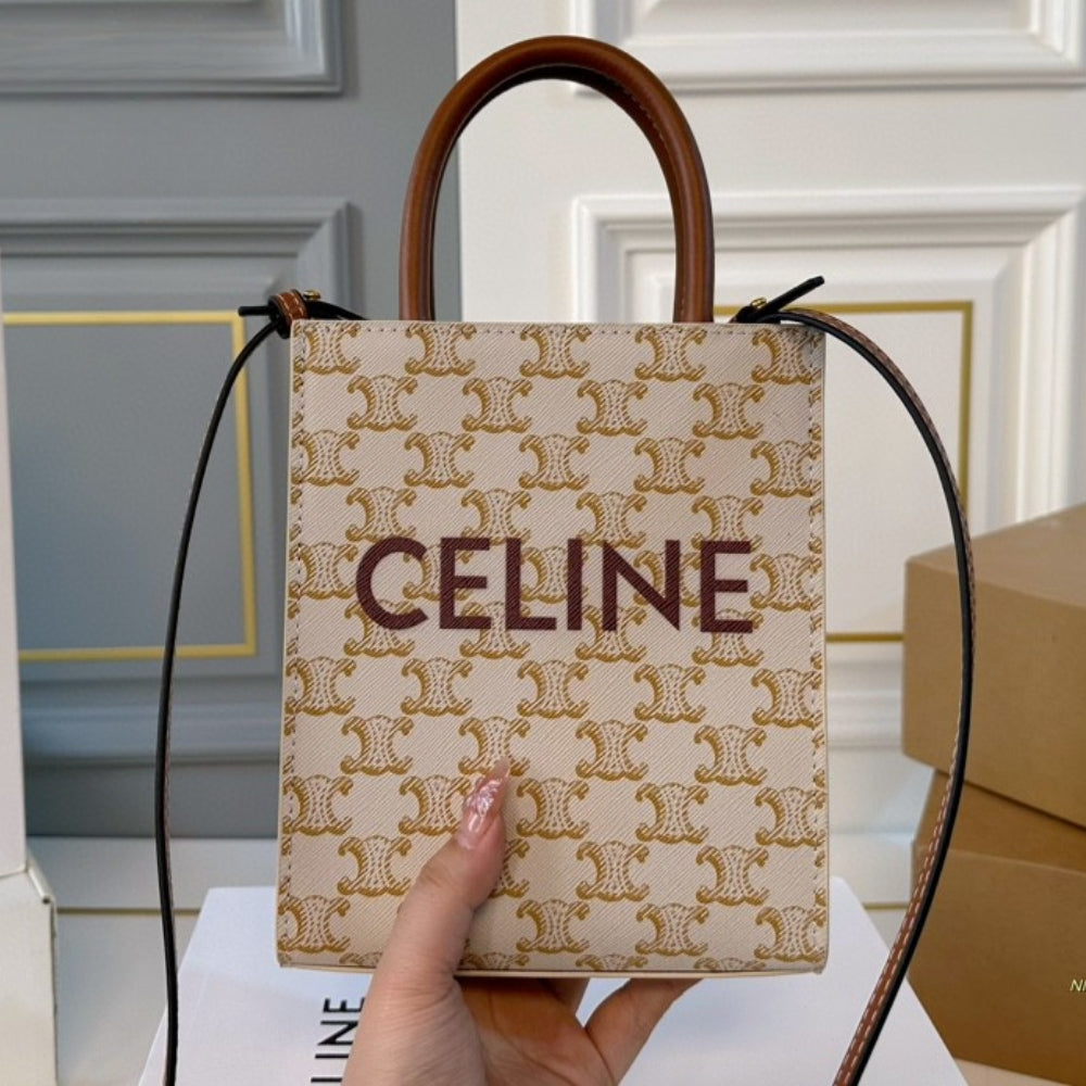 CELINE MINI VERTICAL CABAS IN TRIOMPHE CANVAS AND CALFSKIN BEIGE 17CM