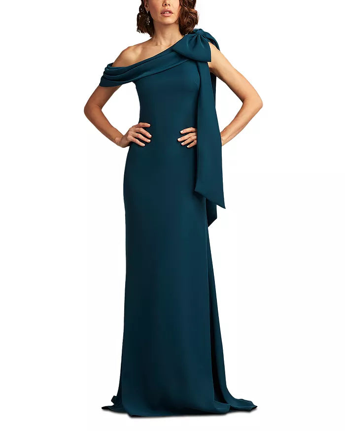 One shoulder crepe off the shoulder bow and floor length evening dress