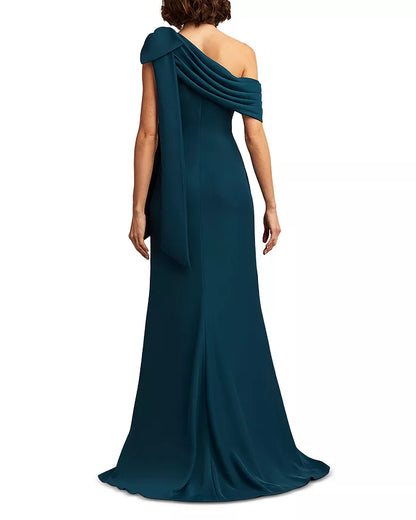 One shoulder crepe off the shoulder bow and floor length evening dress