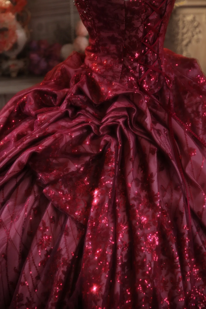 Glamorous Burgundy Sequin Ruffled Tiered Spaghetti Strap Sweet 15 Quinceanera Ball Gown TP5545