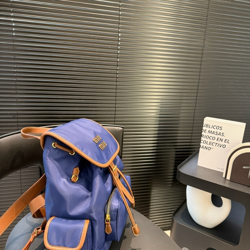 MIUMIU CANVAS BACKPACK CORNFLOWER BLUE AND BRANDY 27CM 5BZ042 2IBQ F0TQF V OOO