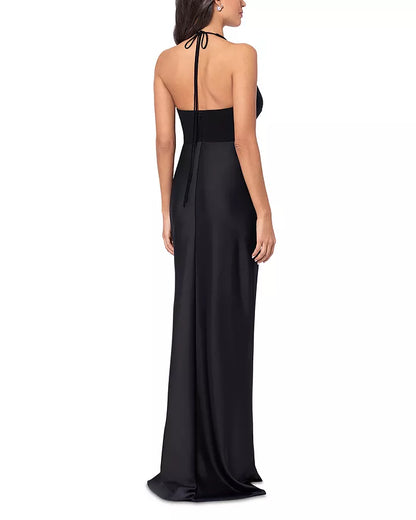 Black neck hanging mixed material backless long style evening dress