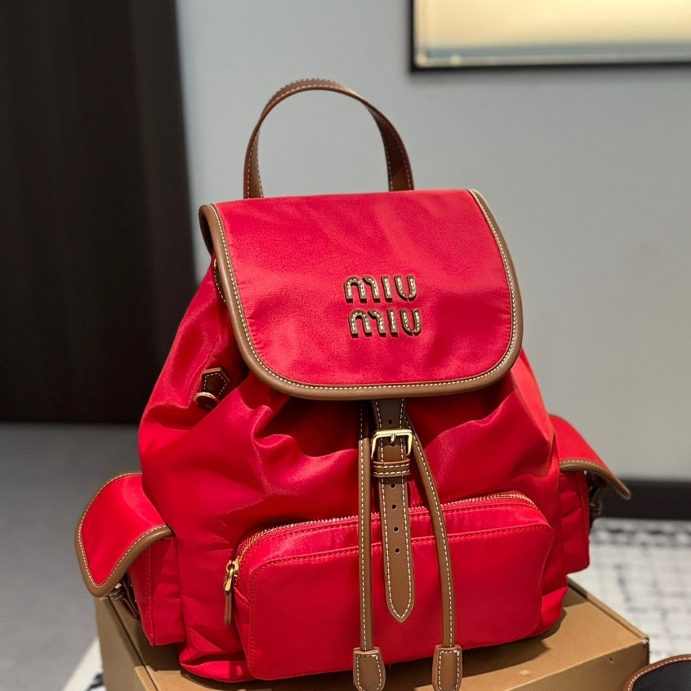 MIUMIU CANVAS BACKPACK CORNFLOWER RED AND BRANDY 27CM  5BZ042 2IBQ F0TQE V OOO
