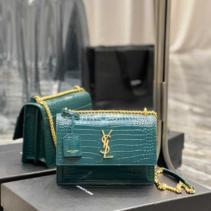 Saint Laurent Sunset Medium Chain Bag In Crocodile-Embossed Shiny Mint 22Cm 442906DND0J3144