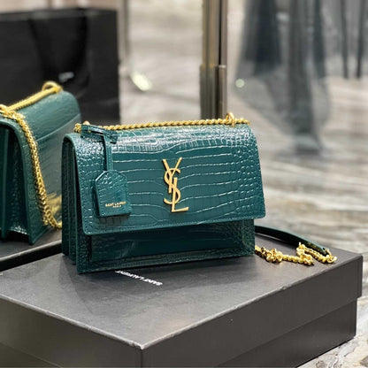 Saint Laurent Sunset Medium Chain Bag In Crocodile-Embossed Shiny Mint 22Cm 442906DND0J3144
