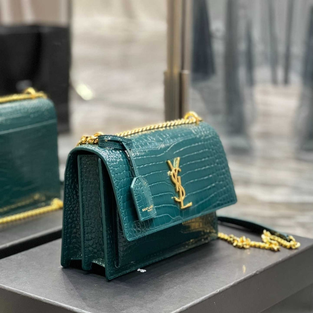 Saint Laurent Sunset Medium Chain Bag In Crocodile-Embossed Shiny Mint 22Cm 442906DND0J3144