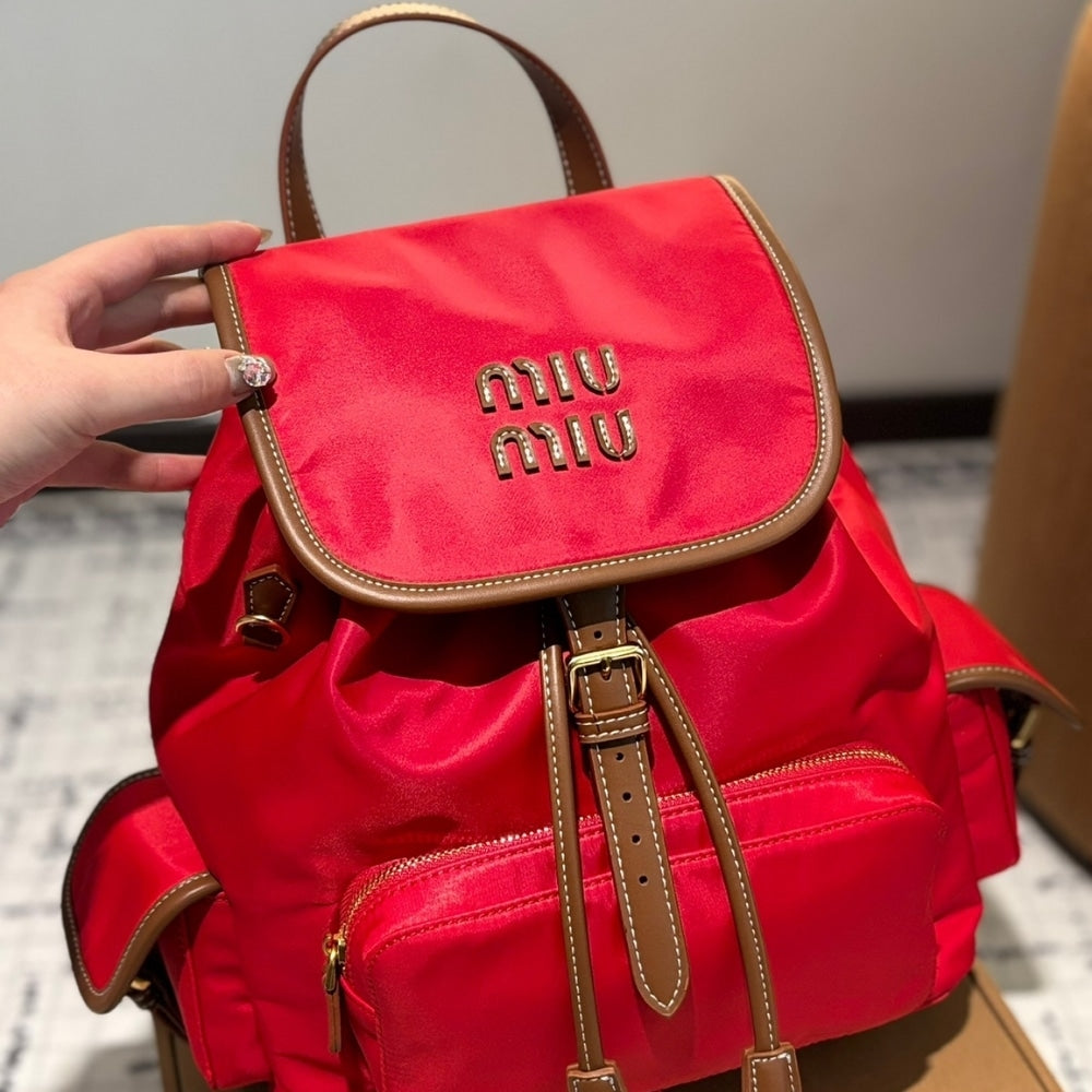MIUMIU CANVAS BACKPACK CORNFLOWER RED AND BRANDY 27CM  5BZ042 2IBQ F0TQE V OOO