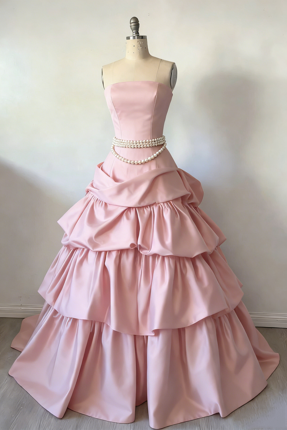 Elegant Strapless Burgundy Satin Pleated Layered Long Party Dress Prom Dresses SP1339