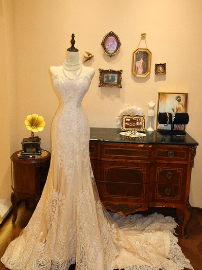 Apricot Strapless Waist-Cinched Slim-Fit Lace Long Ball Gown, Bridal Gown R7137