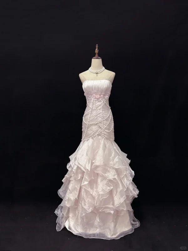 Elegant Light Pink Strapless Chiffon Sweet 16 Quinceanera Mermaid Evening Dress Ball Gown TP4280