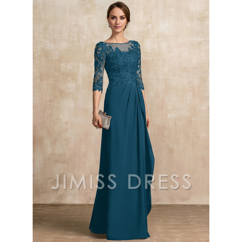 A-shaped Scoop Illusion floor mopping chiffon lace ribbon bead sequins layered ruffles mother of the bride dress