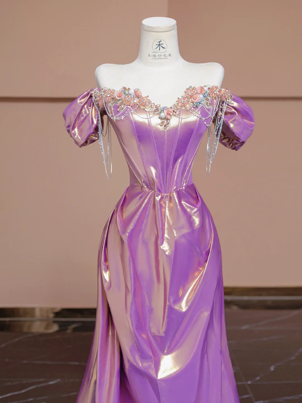 Purple-red off-the-shoulder fitted satin long ball gown, bridal dress R8288