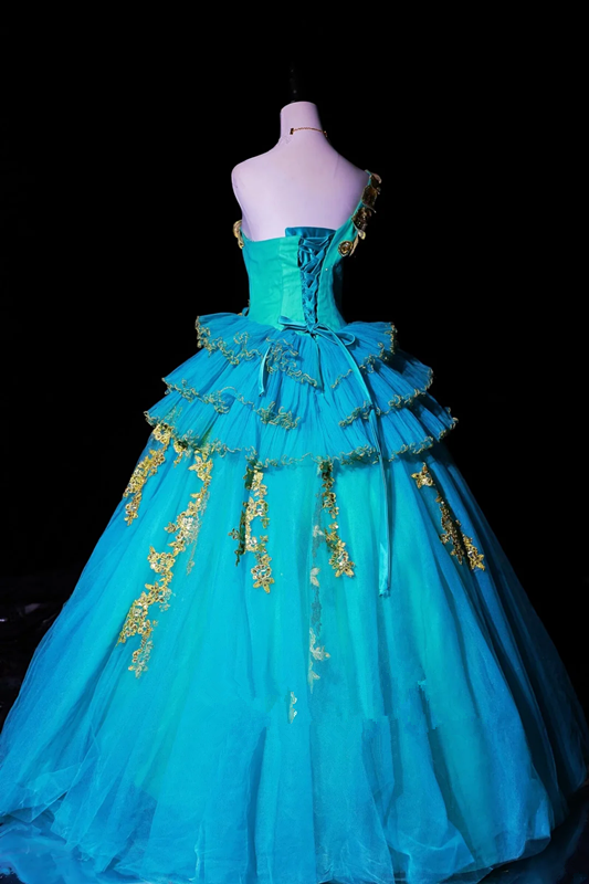 Lake blue one-shoulder fitted waist slim-fitting ball gown with a full skirt R8685