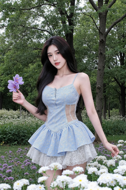 Light blue halter-neck, fitted waist, sexy short prom dress R7537