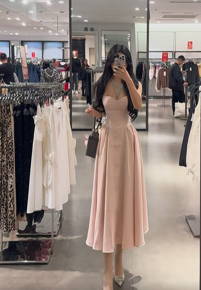 Light pink spaghetti strap waist-cinching slim-fit elegant prom dress R7924