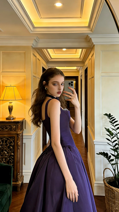 Purple halter-neck fitted long ball gown R8621