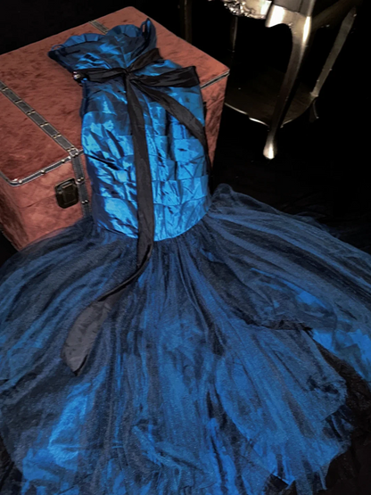 Navy blue strapless, fitted waist, bodycon long ball gown R7057