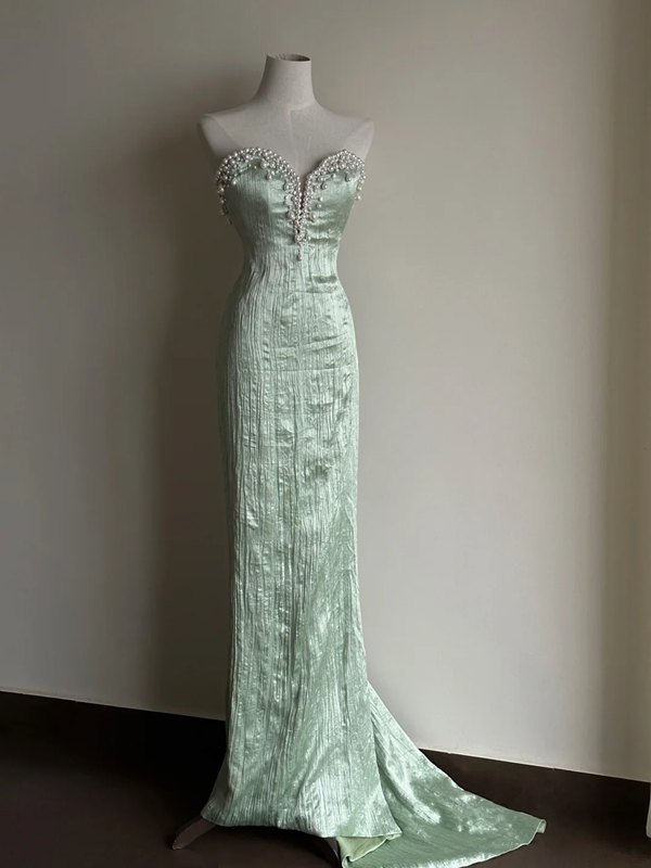 Light green strapless, waist‑cinching, slim‑fit, bodycon sexy long ball gown R8003