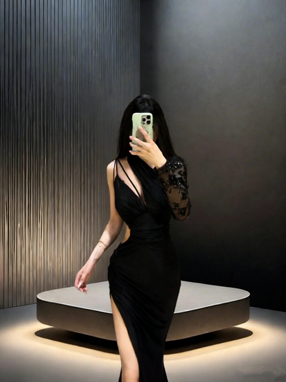 Black irregular neckline, fitted waist, and sexy slit ball gown R8043