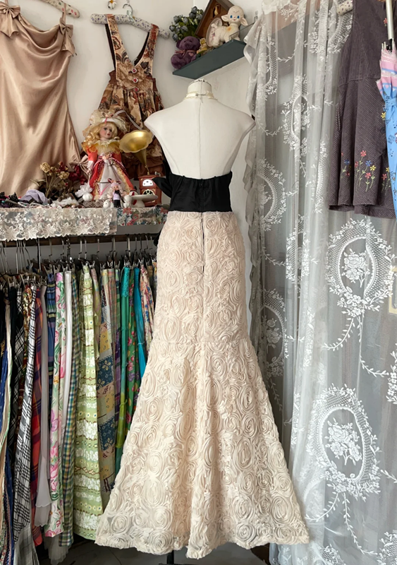 Black strapless fitted waist apricot fishtail bodycon long dress, ball gown R6338
