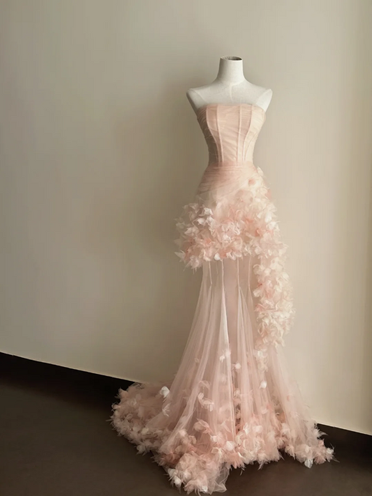 Light pink strapless, waist‑cinched, slim‑fit, ruffled‑hem long prom dress R7964