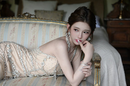 Light apricot halter neck fitted waist slim fishtail skirt long ball gown R8650