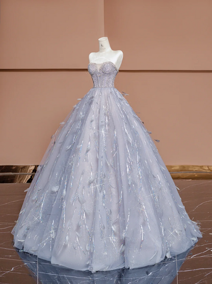 Light blue strapless, fitted waist, full skirt, long ball gown R8403