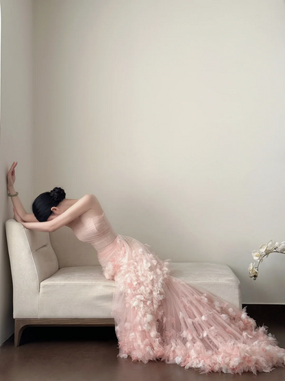 Light pink strapless, waist‑cinched, slim‑fit, ruffled‑hem long prom dress R7964