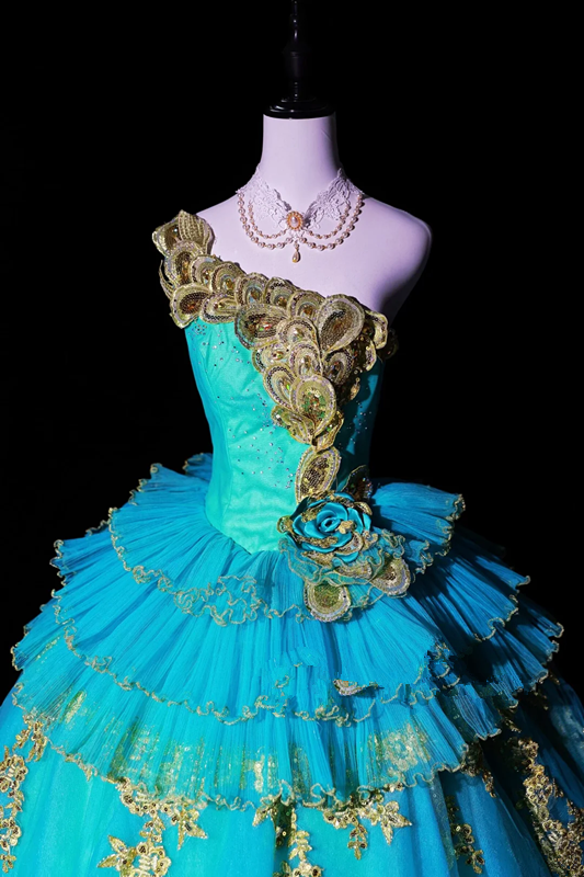 Lake blue one-shoulder fitted waist slim-fitting ball gown with a full skirt R8685