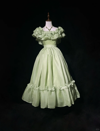 Green ruffled neckline design waist slim fit puffy mid-length skirt homecoming dress R4925