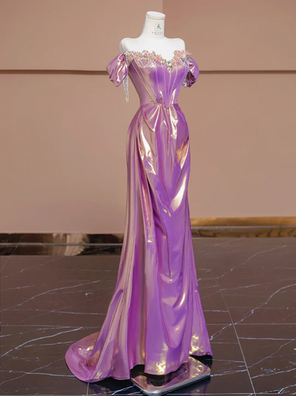 Purple-red off-the-shoulder fitted satin long ball gown, bridal dress R8288