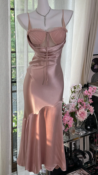 Champagne pink halter-neck satin fitted long ball gown R7652
