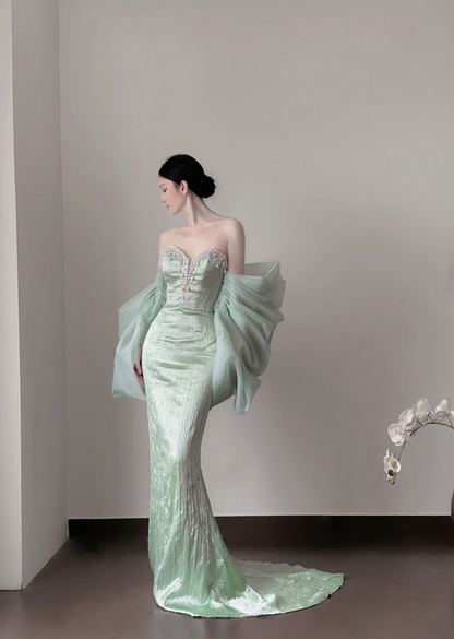 Light green strapless, waist‑cinching, slim‑fit, bodycon sexy long ball gown R8003