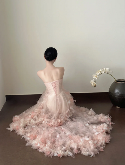 Light pink strapless, waist‑cinched, slim‑fit, ruffled‑hem long prom dress R7964