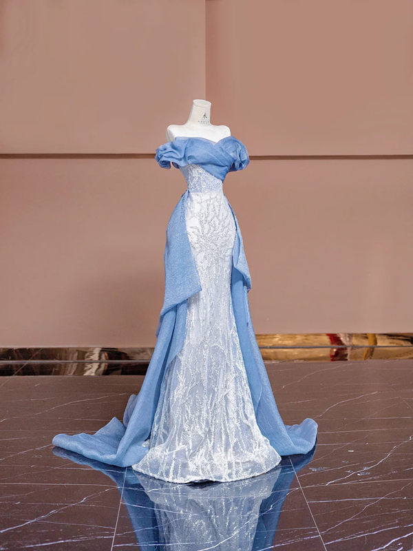 Light blue off-the-shoulder fitted long ball gown R8379