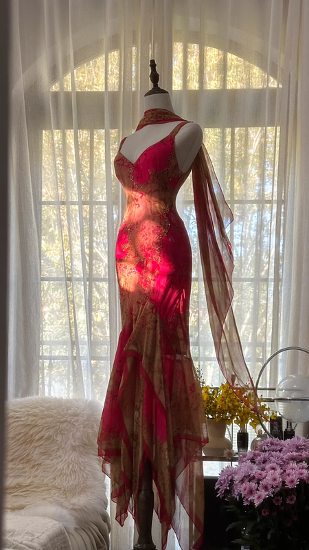 Pink retro color-blocked halter-neck fitted long ball gown R7733