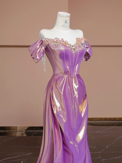 Purple-red off-the-shoulder fitted satin long ball gown, bridal dress R8288