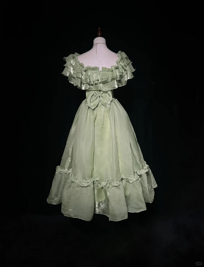 Green ruffled neckline design waist slim fit puffy mid-length skirt homecoming dress R4925