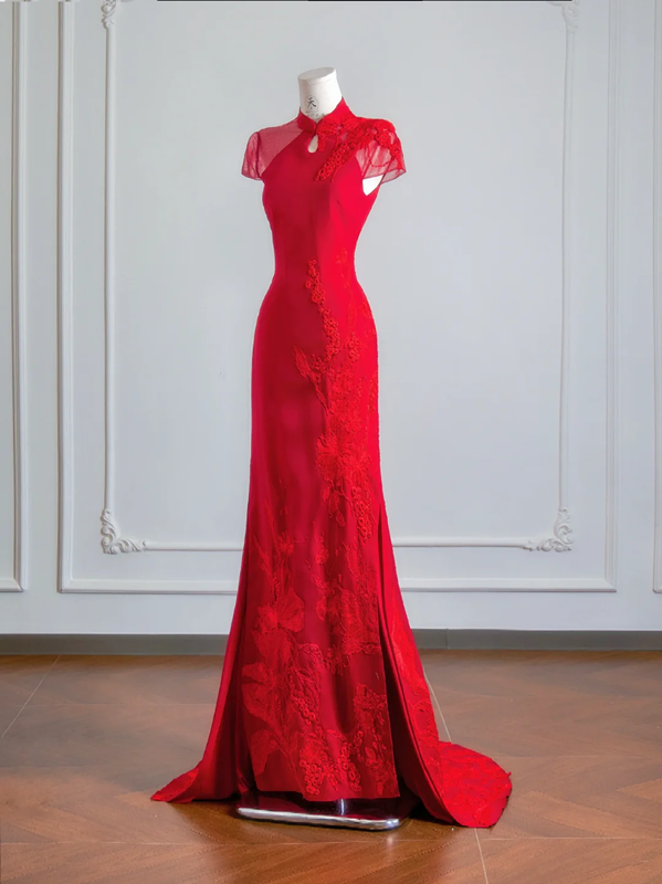 Red Chinese-style neckline, fitted waist, slimming and sexy long ball gown R8151