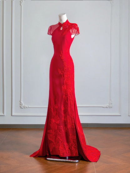 Red Chinese-style neckline, fitted waist, slimming and sexy long ball gown R8151