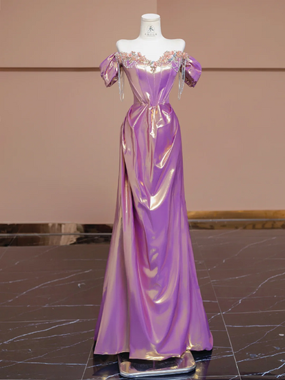 Purple-red off-the-shoulder fitted satin long ball gown, bridal dress R8288