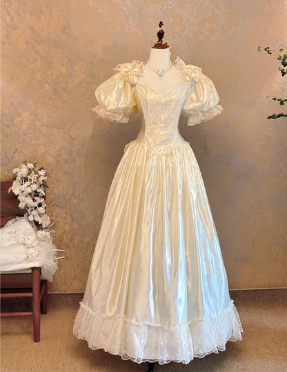 White retro puff sleeve fitted waist elegant ball gown/bridal dress R7230
