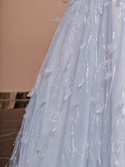 Light blue strapless, fitted waist, full skirt, long ball gown R8403