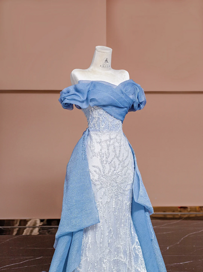 Light blue off-the-shoulder fitted long ball gown R8379