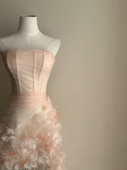 Light pink strapless, waist‑cinched, slim‑fit, ruffled‑hem long prom dress R7964
